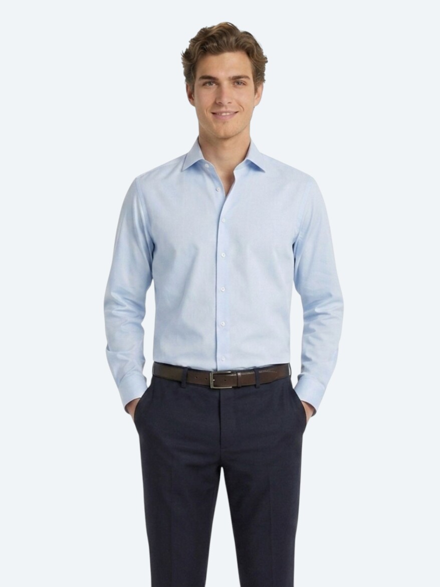 Dark Blue Plain Regular Fit Long Weaving Classical 100% Cotton Shirt 