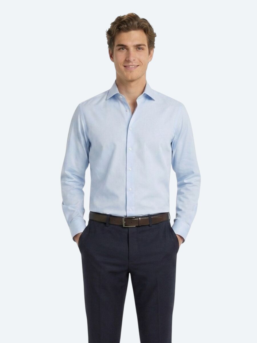 Dark Blue Plain Regular Fit Long Weaving Classical 100% Cotton Shirt - 1