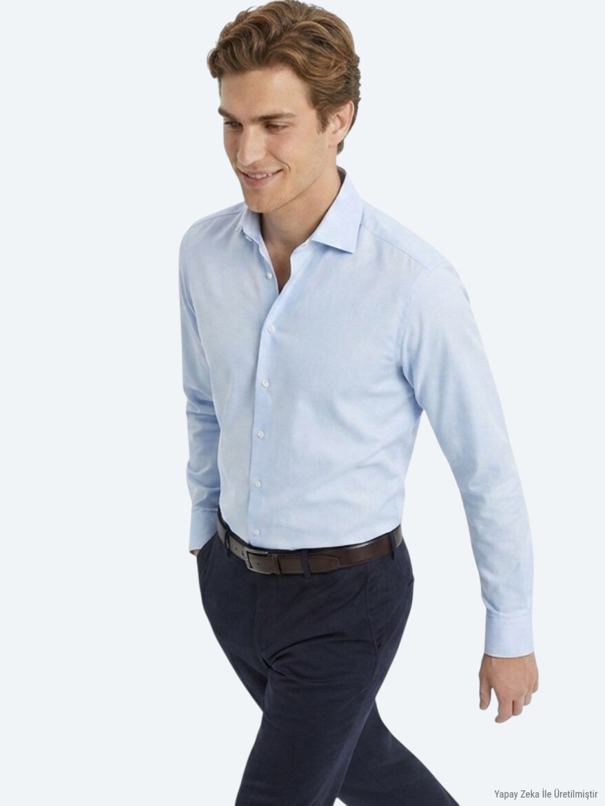 Dark Blue Plain Regular Fit Long Weaving Classical 100% Cotton Shirt - 3
