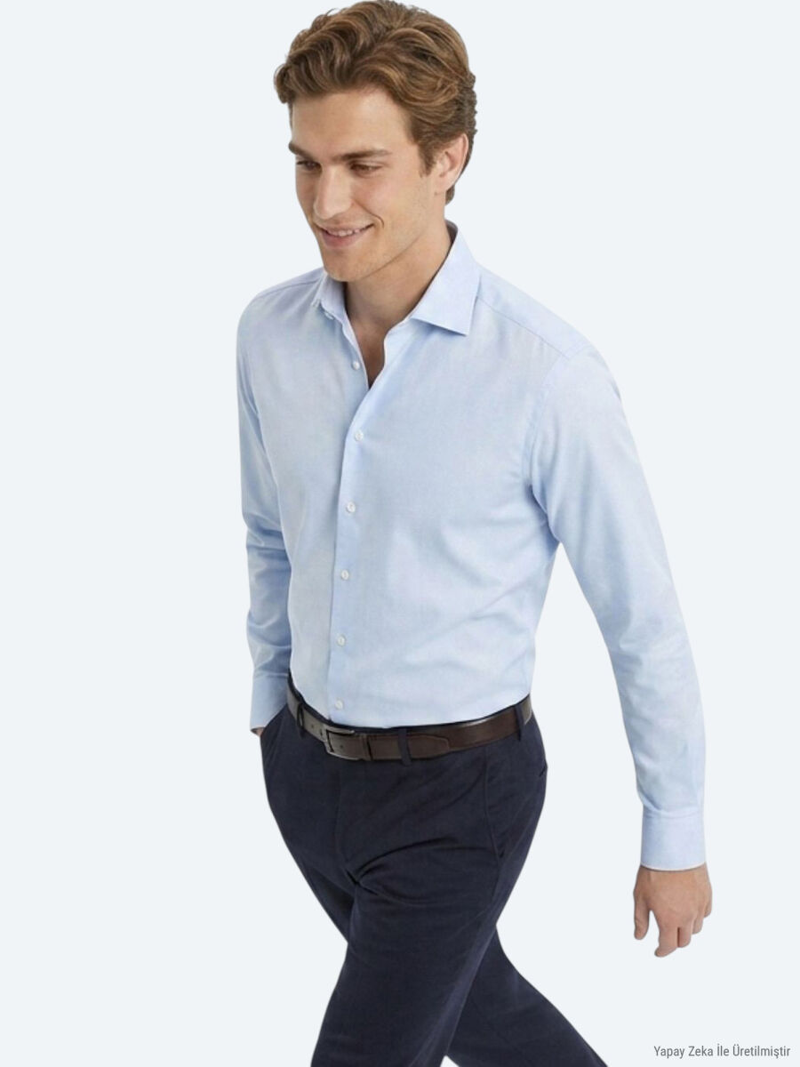 Dark Blue Plain Regular Fit Long Weaving Classical 100% Cotton Shirt - 3