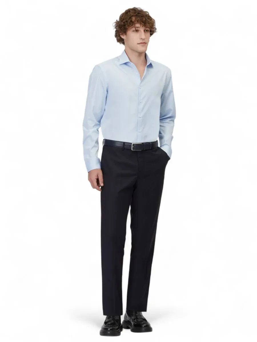 Dark Blue Plain Regular Fit Weaving Classical 100% Cotton Shirt - 2