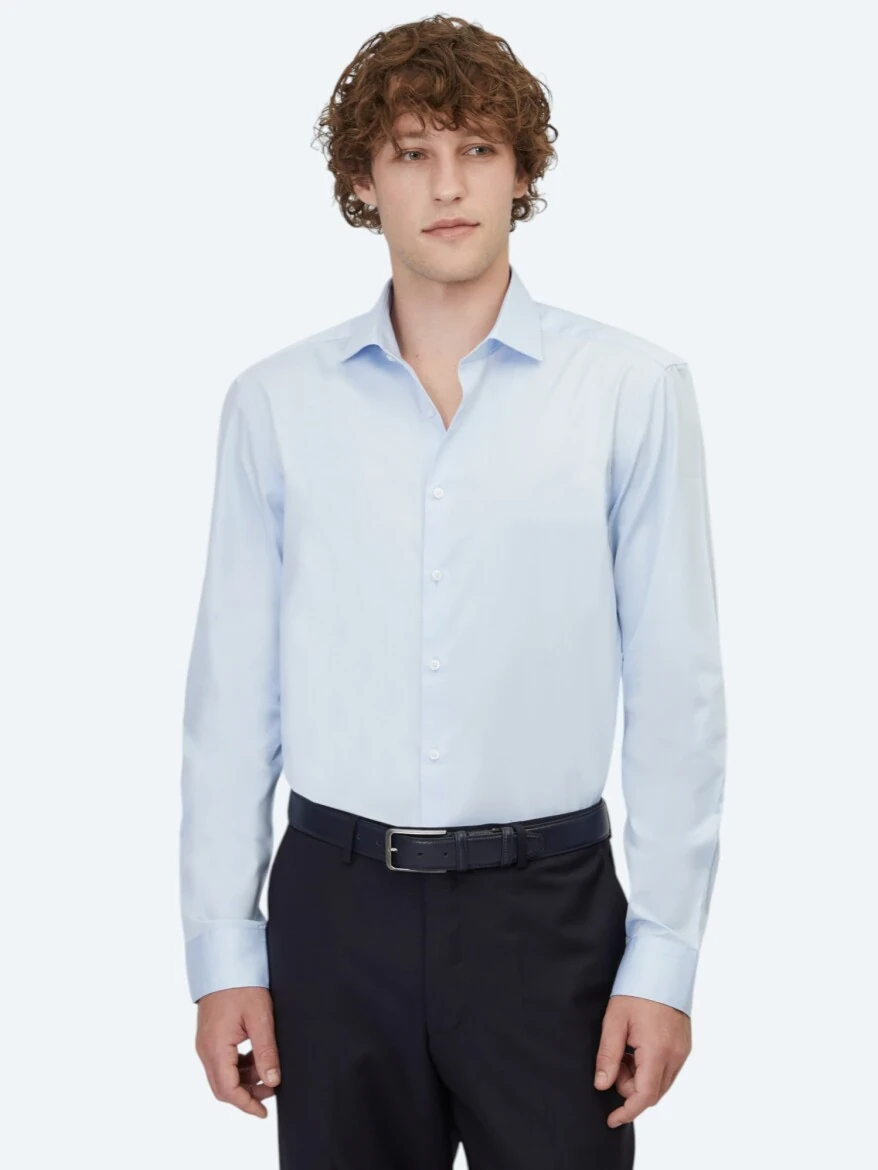 Dark Blue Plain Regular Fit Weaving Classical 100% Cotton Shirt - 3