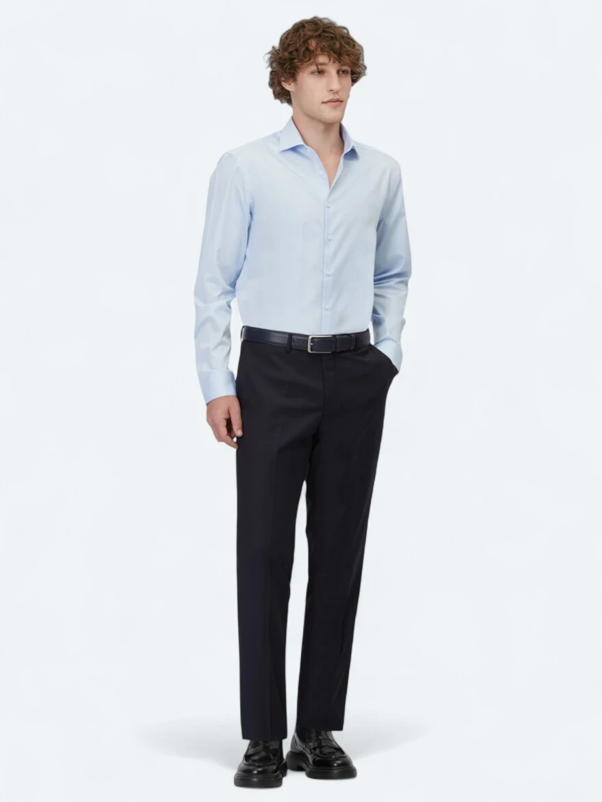 Dark Blue Plain Regular Fit Weaving Classical 100% Cotton Shirt - 2