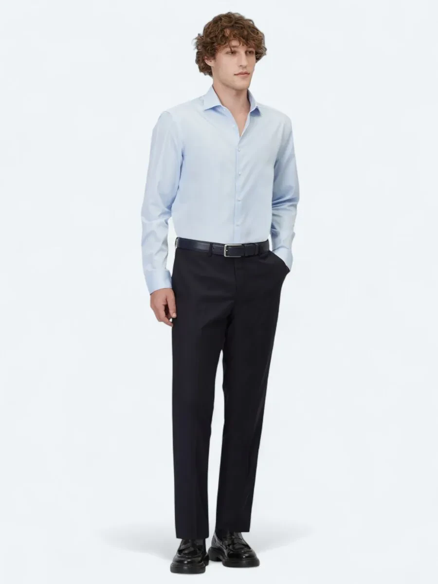 Dark Blue Plain Regular Fit Weaving Classical 100% Cotton Shirt - 2