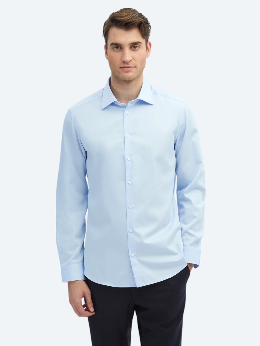 Dark Blue Plain Slim Fit Long Weaving Classical 100% Cotton Shirt - 1