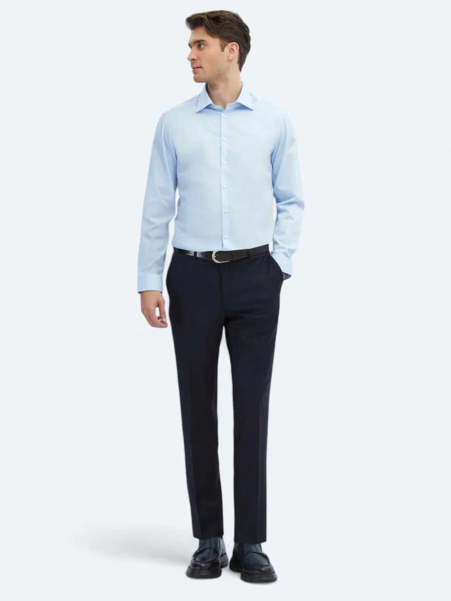 Dark Blue Plain Slim Fit Weaving Classical 100% Cotton Shirt - 3