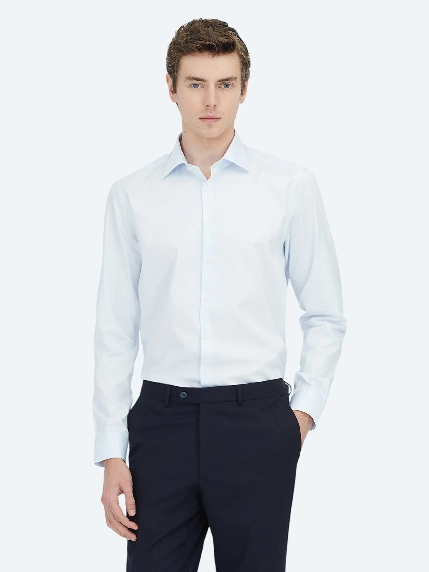 Dark Blue Plain Slim Fit Weaving Classical 100% Cotton Shirt - KİP