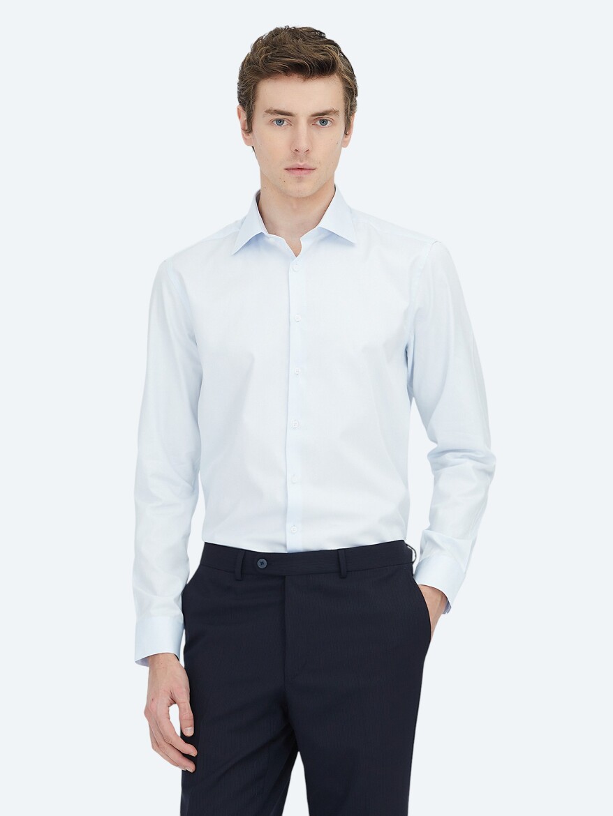 Dark Blue Plain Slim Fit Weaving Classical 100% Cotton Shirt - 1