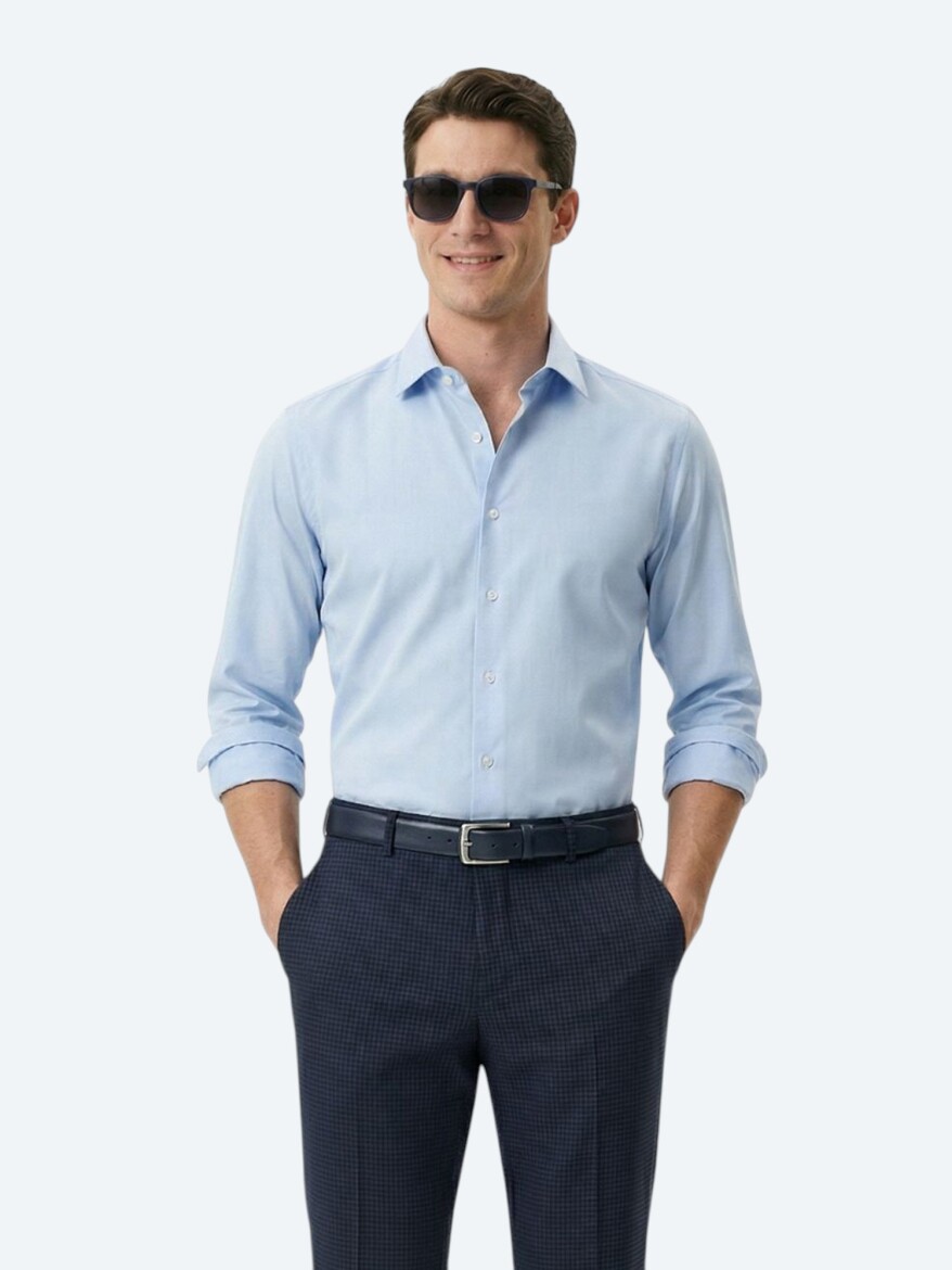 Dark Blue Regular Fit Long Weaving Classical Cotton Blended Shirt - KİP