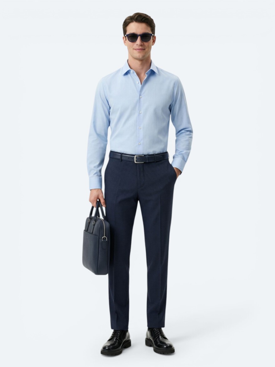 Dark Blue Regular Fit Long Weaving Classical Cotton Blended Shirt - KİP