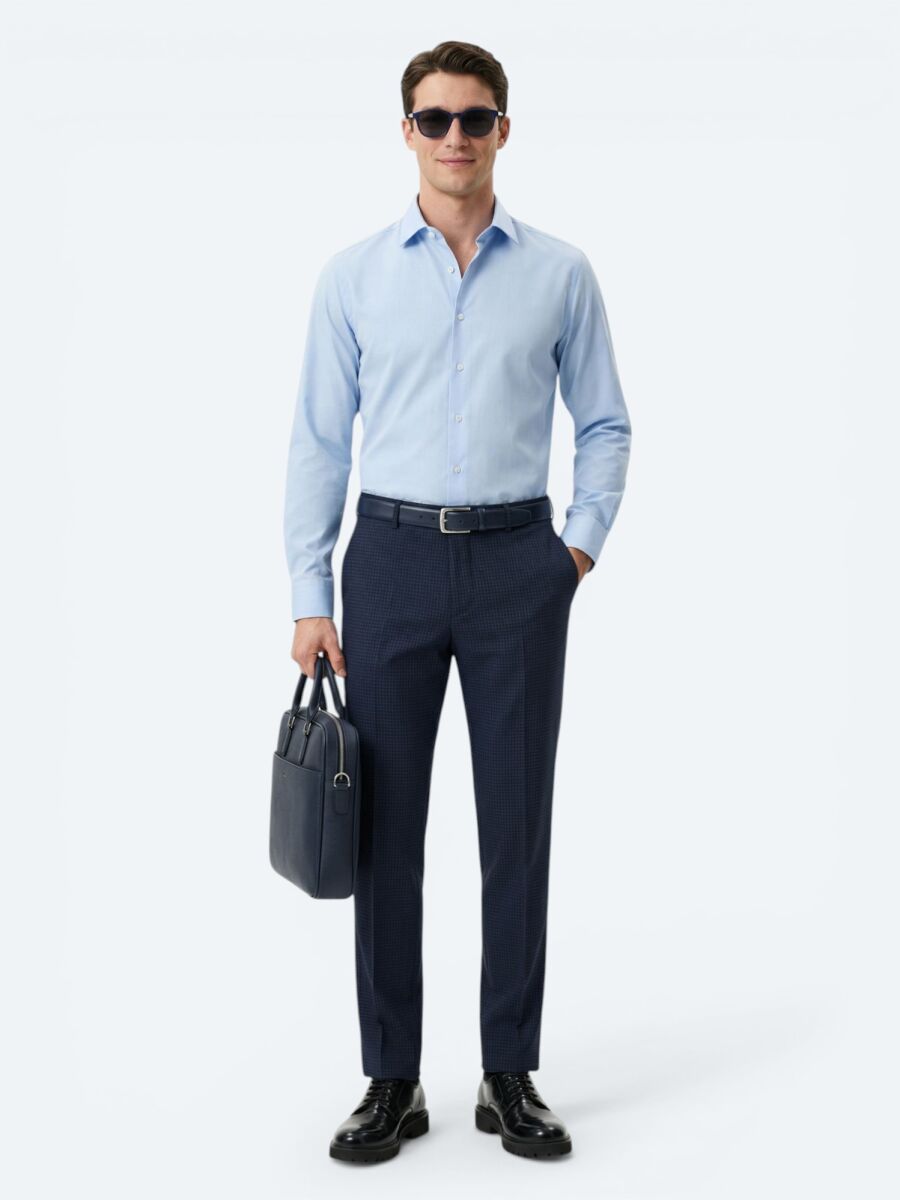 Dark Blue Regular Fit Long Weaving Classical Cotton Blended Shirt - 2