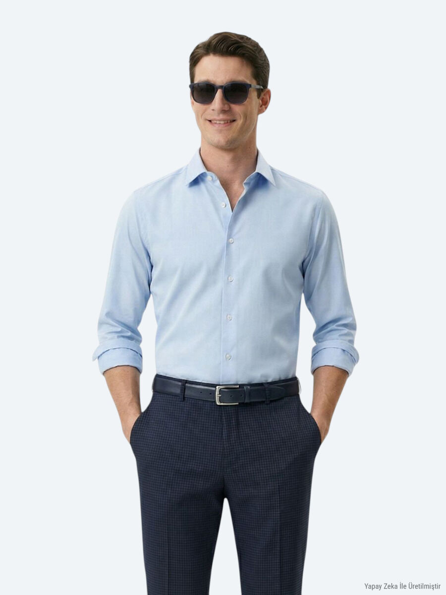 Dark Blue Regular Fit Long Weaving Classical Cotton Blended Shirt - 1