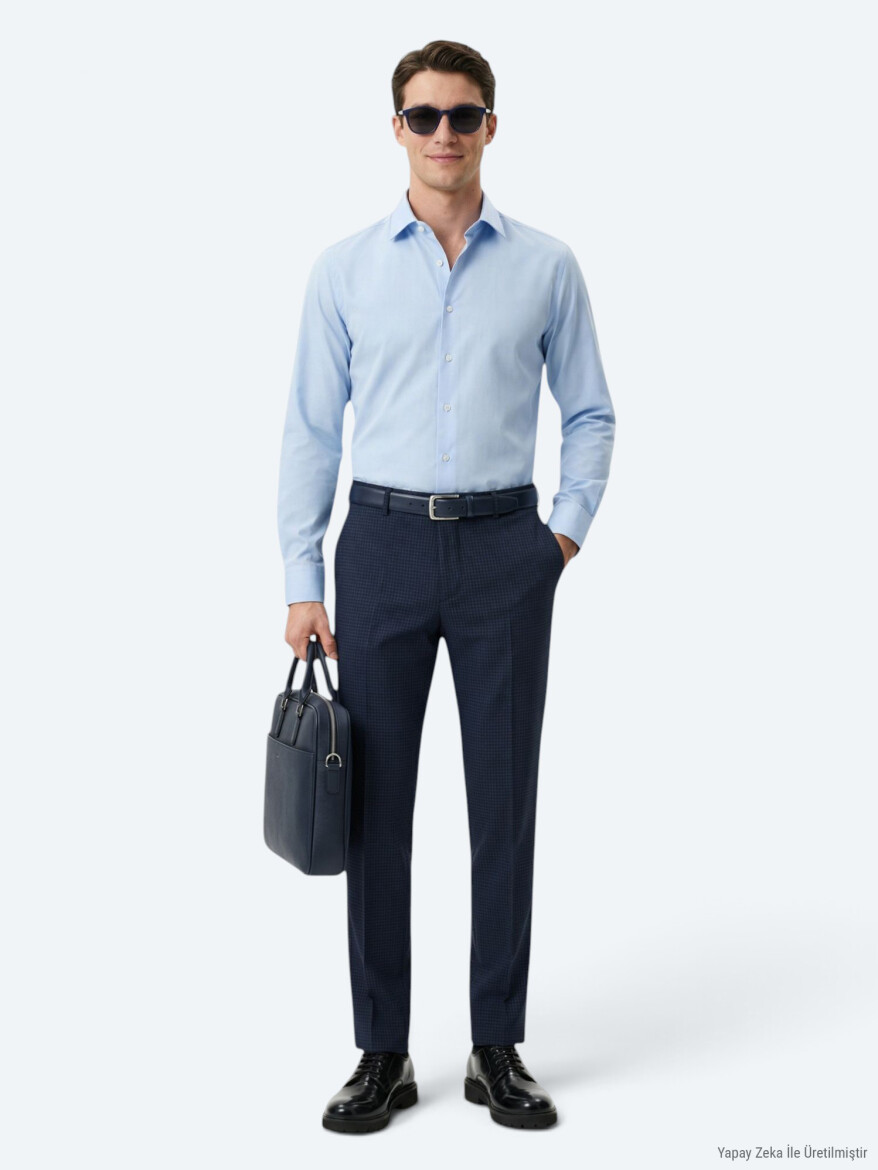 Dark Blue Regular Fit Long Weaving Classical Cotton Blended Shirt - KİP