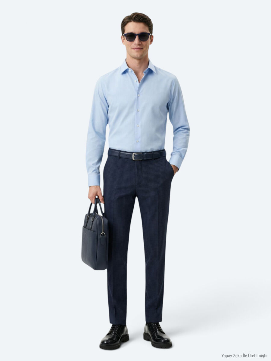 Dark Blue Regular Fit Long Weaving Classical Cotton Blended Shirt - 2