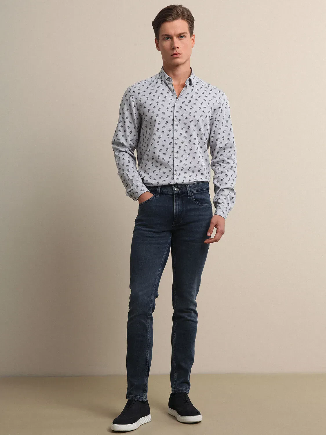 Dark Blue Slim Fit Denim Cotton Blended Trousers - 1