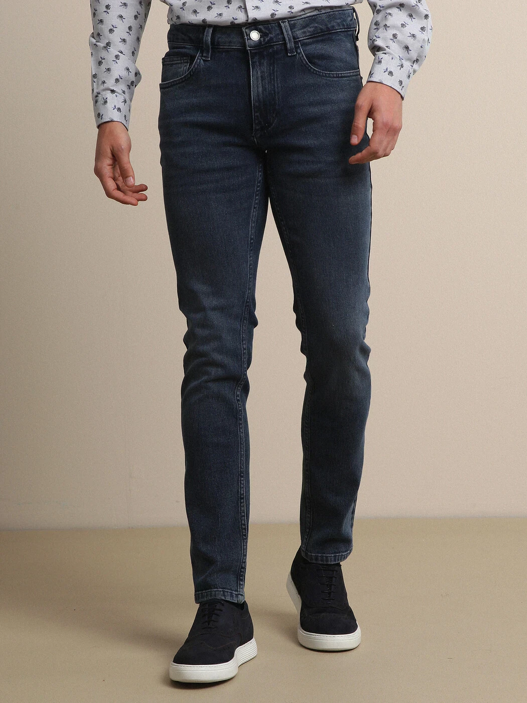Dark Blue Slim Fit Denim Cotton Blended Trousers - 2