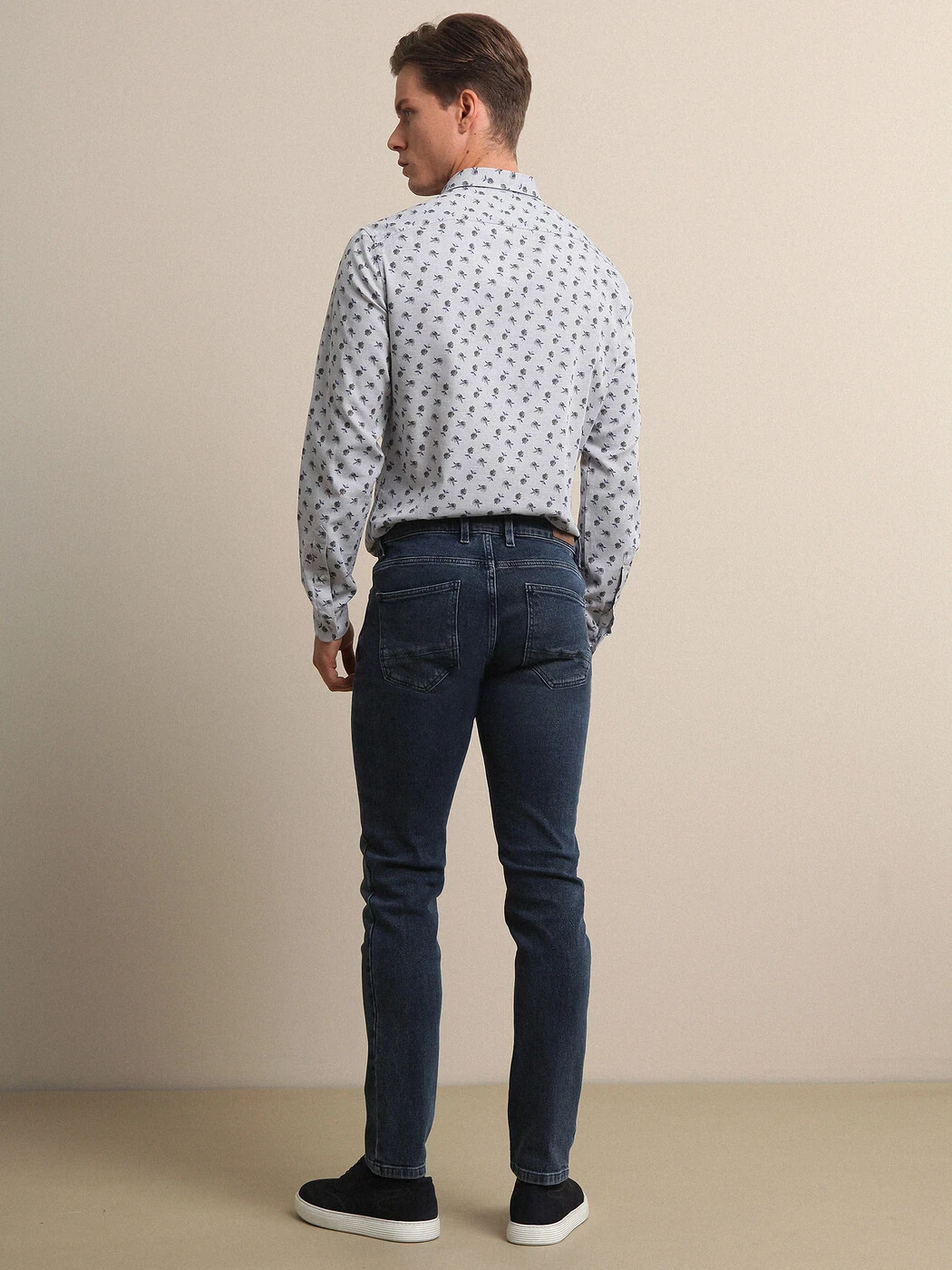 Dark Blue Slim Fit Denim Cotton Blended Trousers - 4