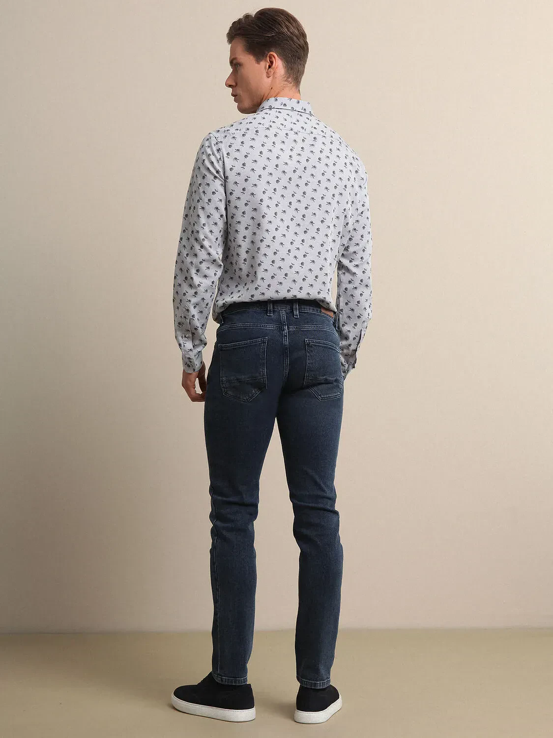 Dark Blue Slim Fit Denim Cotton Blended Trousers - 4