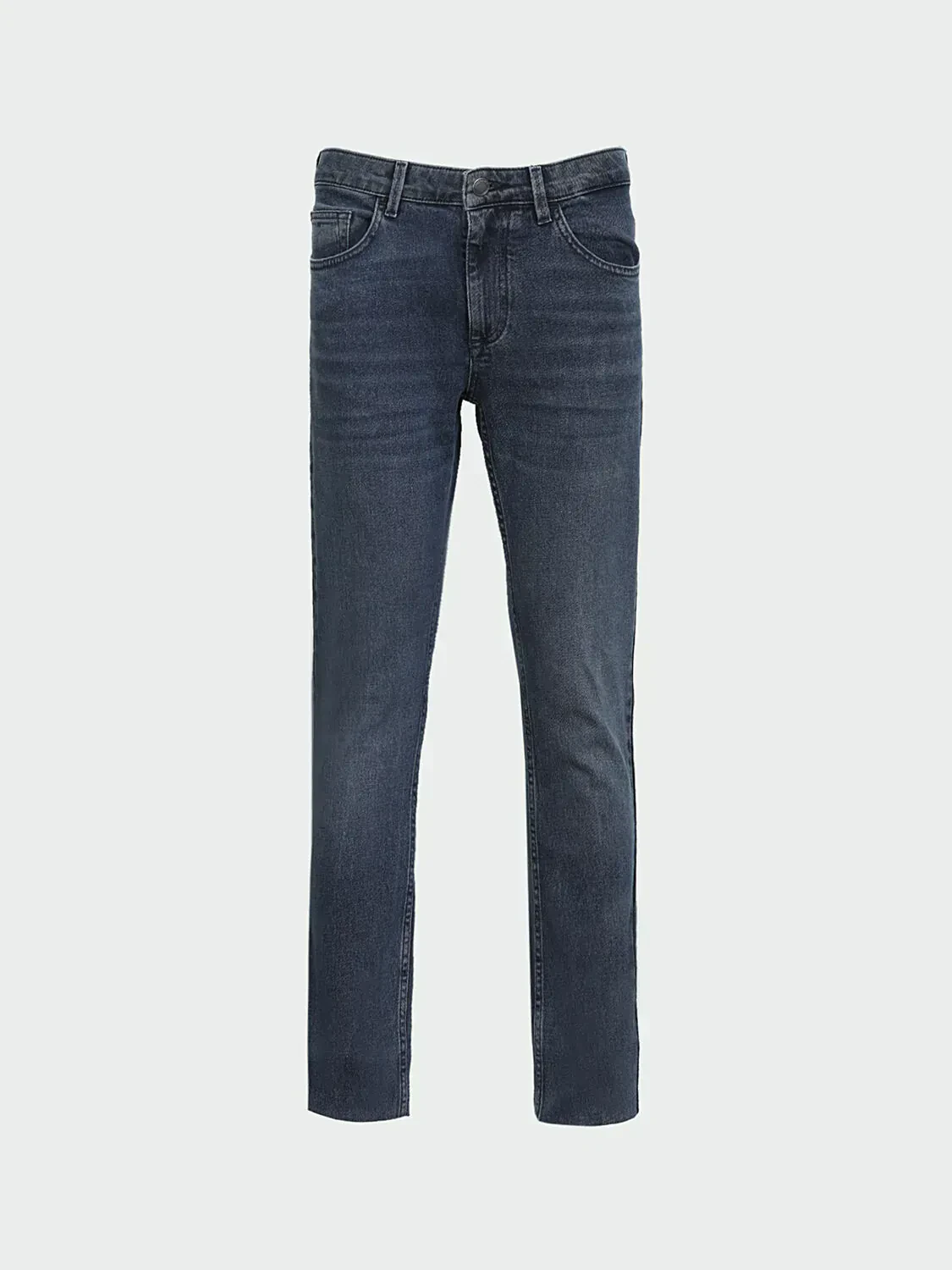Dark Blue Slim Fit Denim Cotton Blended Trousers - 5