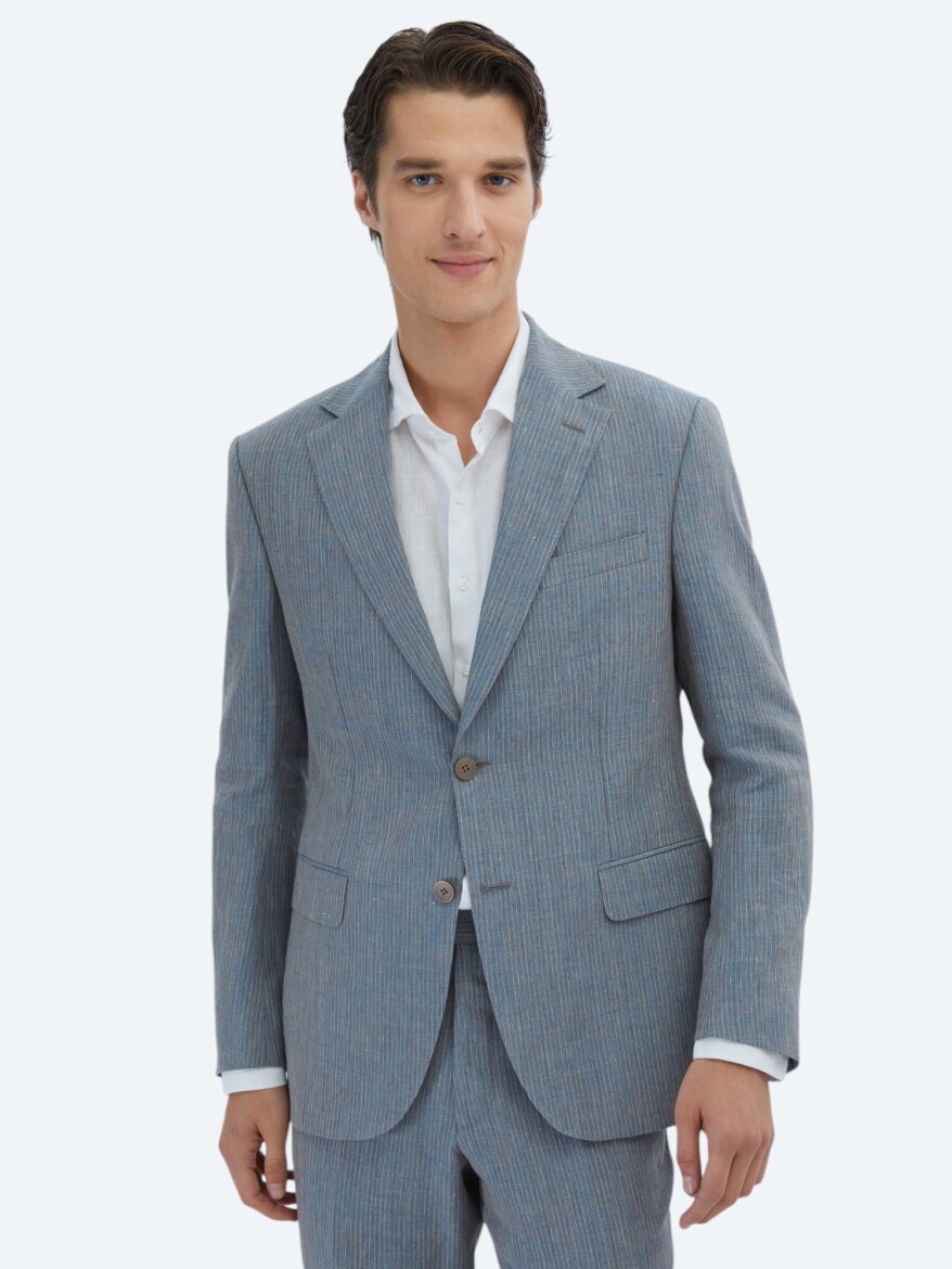 Dark Blue Striped Modern Fit 100% Linen Suit - KİP
