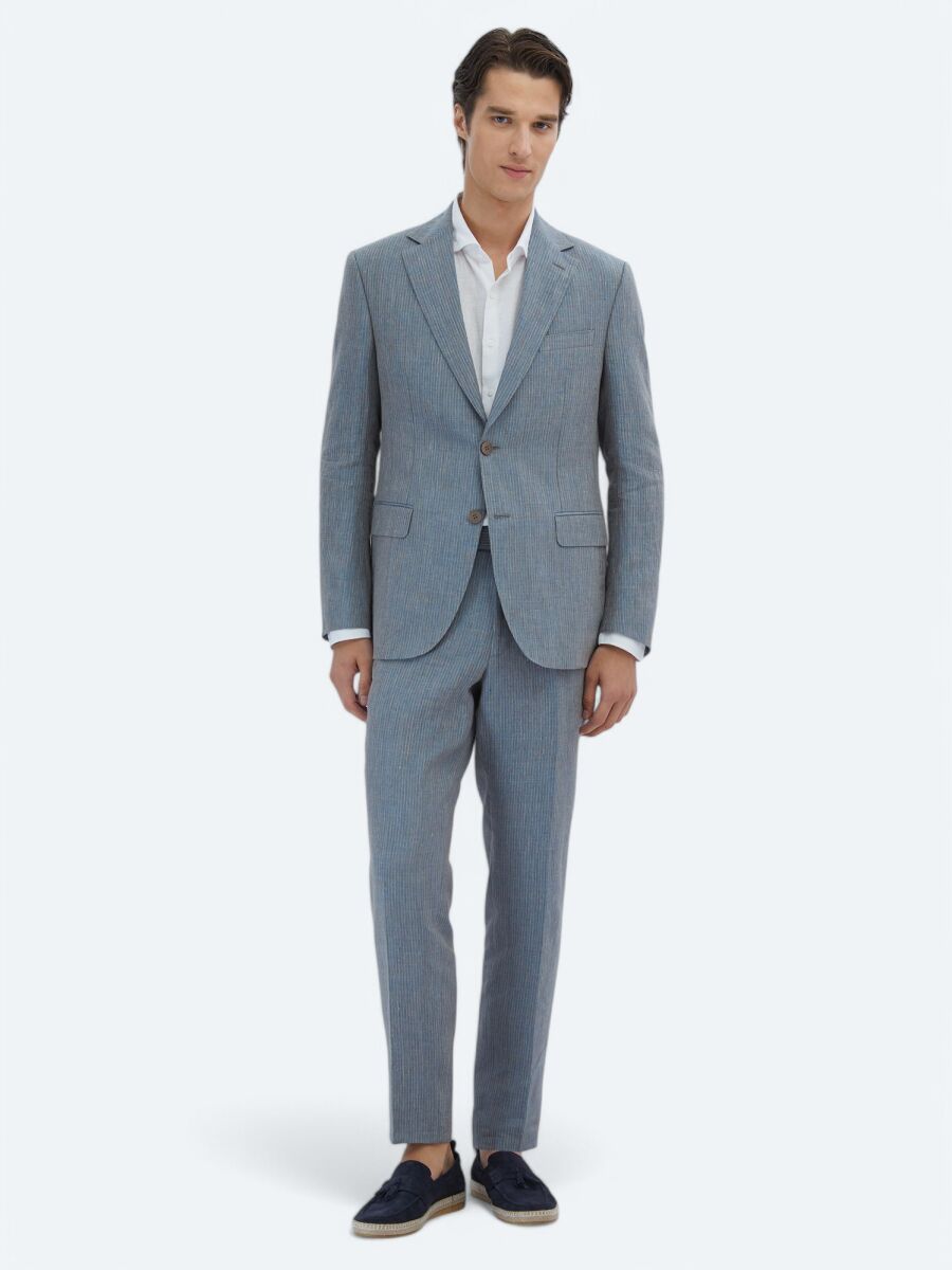 Dark Blue Striped Modern Fit 100% Linen Suit - 2