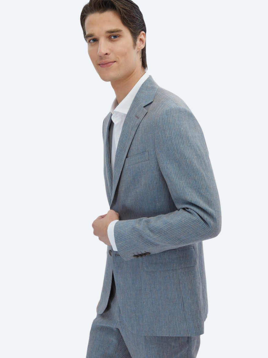 Dark Blue Striped Modern Fit 100% Linen Suit - 3