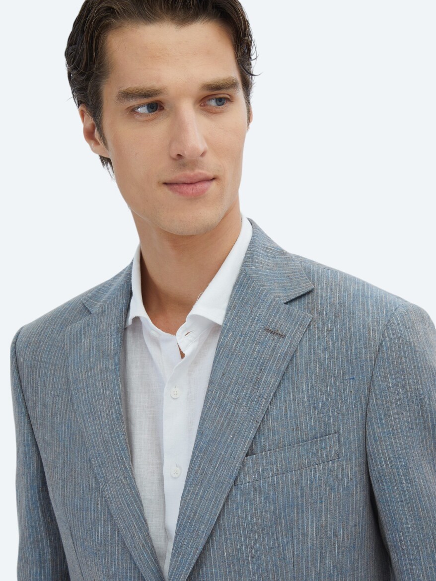 Dark Blue Striped Modern Fit 100% Linen Suit - 4
