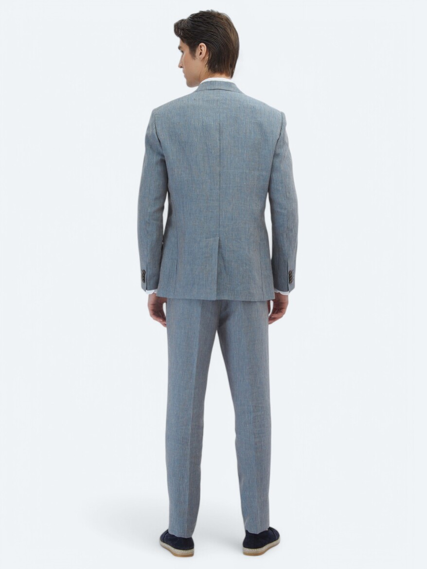 Dark Blue Striped Modern Fit 100% Linen Suit - 6
