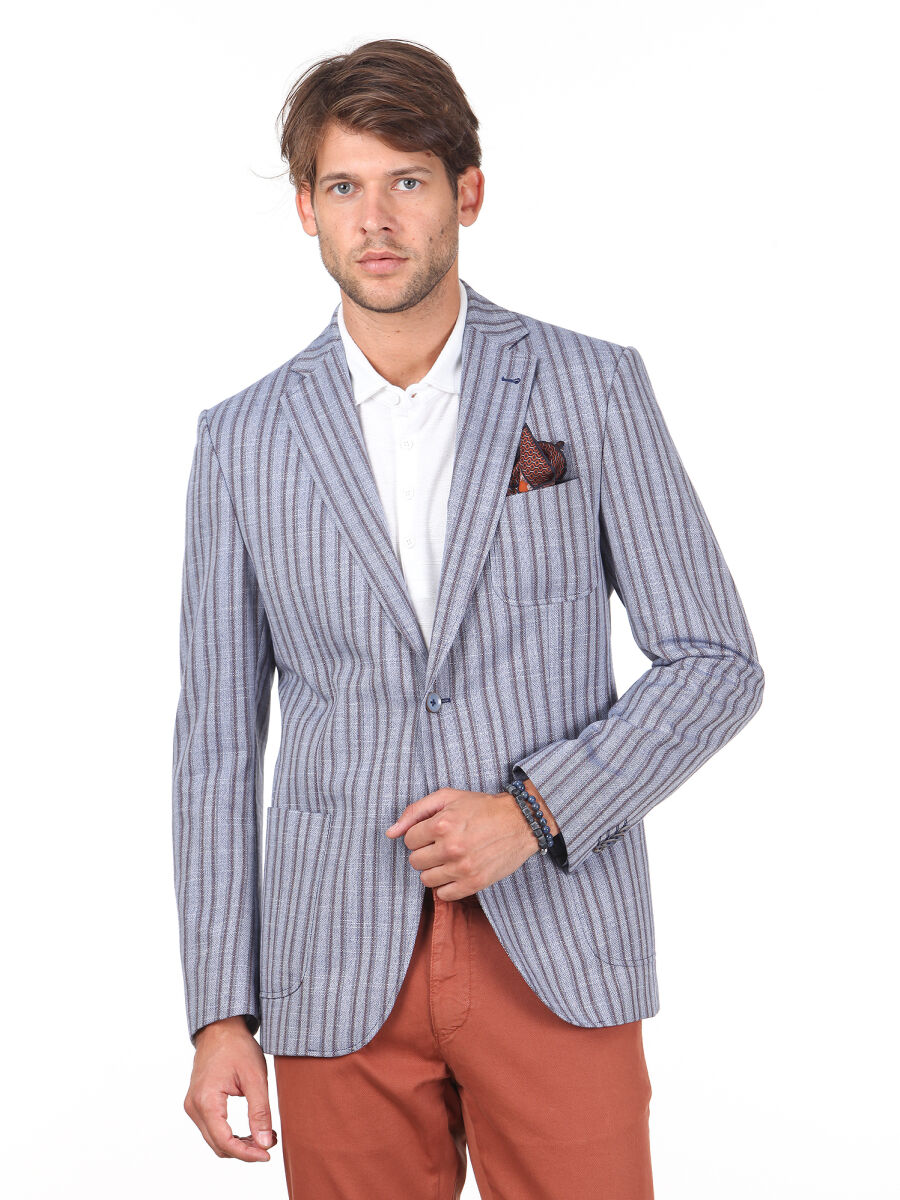 Dark Blue Striped Modern Fit Jacket - 1