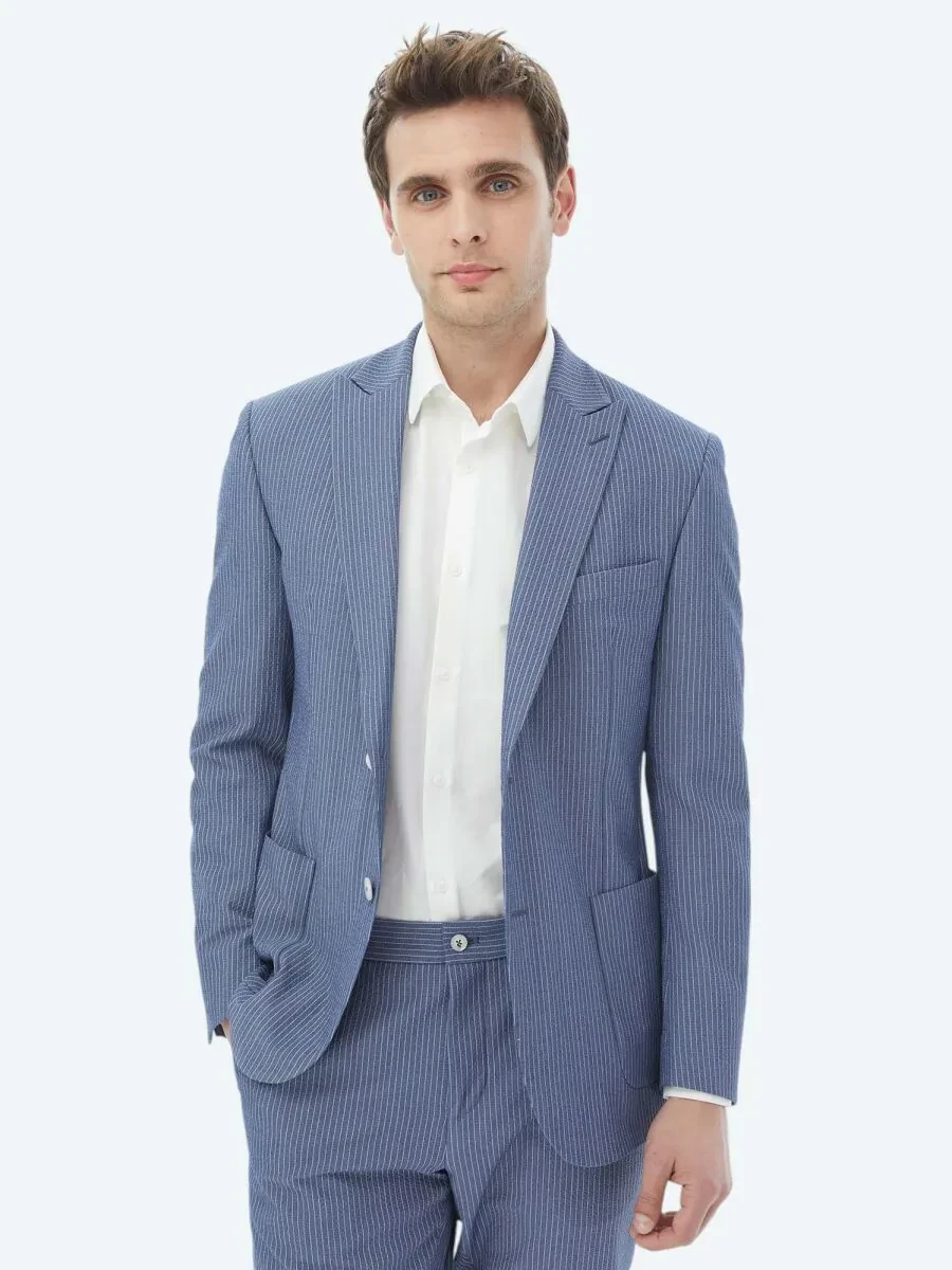 Dark Blue Striped Modern Fit Suit - 5