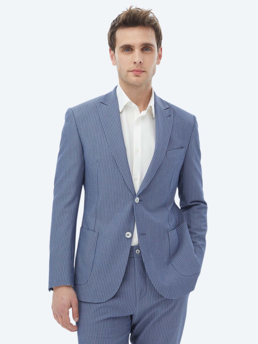 Dark Blue Striped Modern Fit Suit - 1