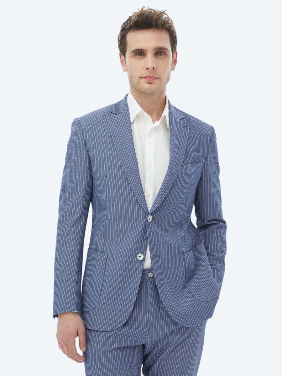 Dark Blue Striped Modern Fit Suit - 1