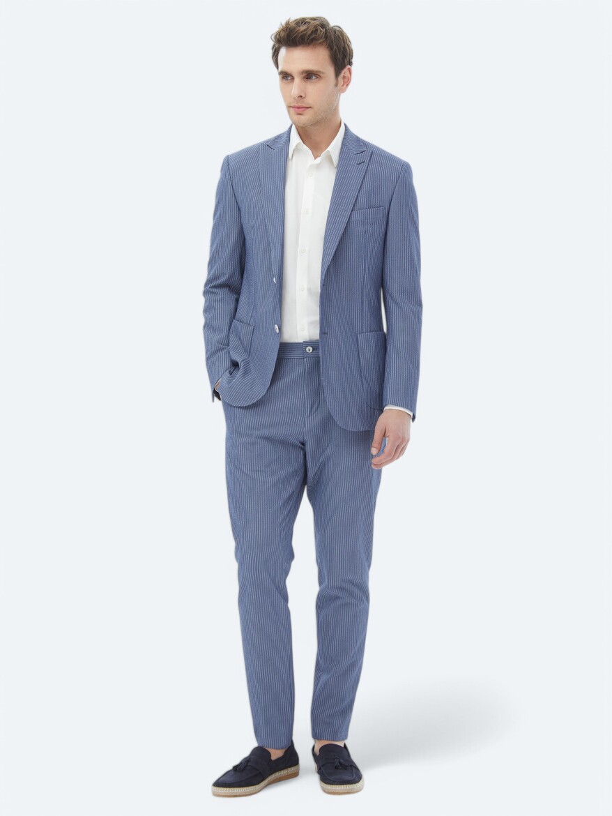 Dark Blue Striped Modern Fit Suit - 3