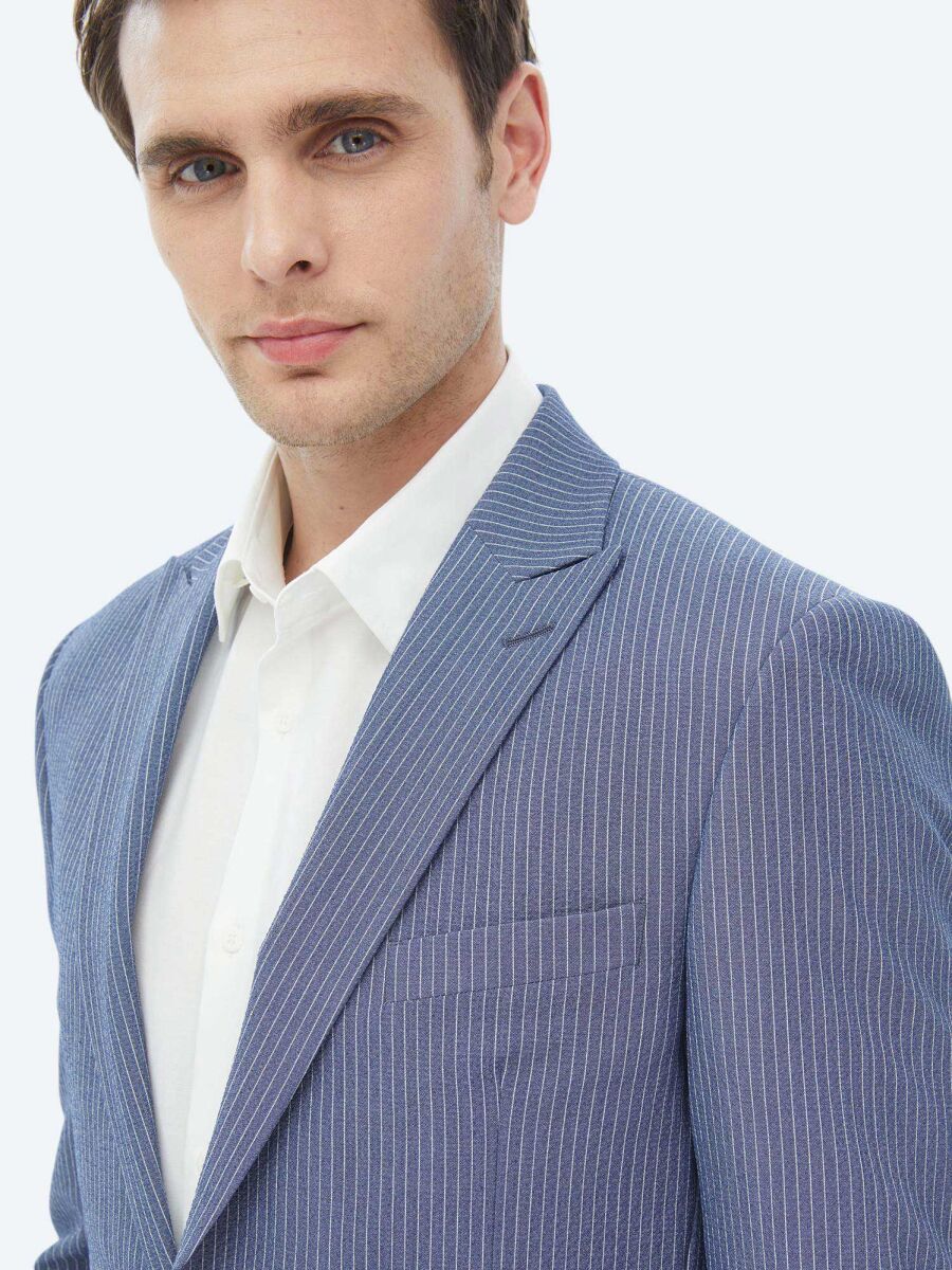 Dark Blue Striped Modern Fit Suit - 7