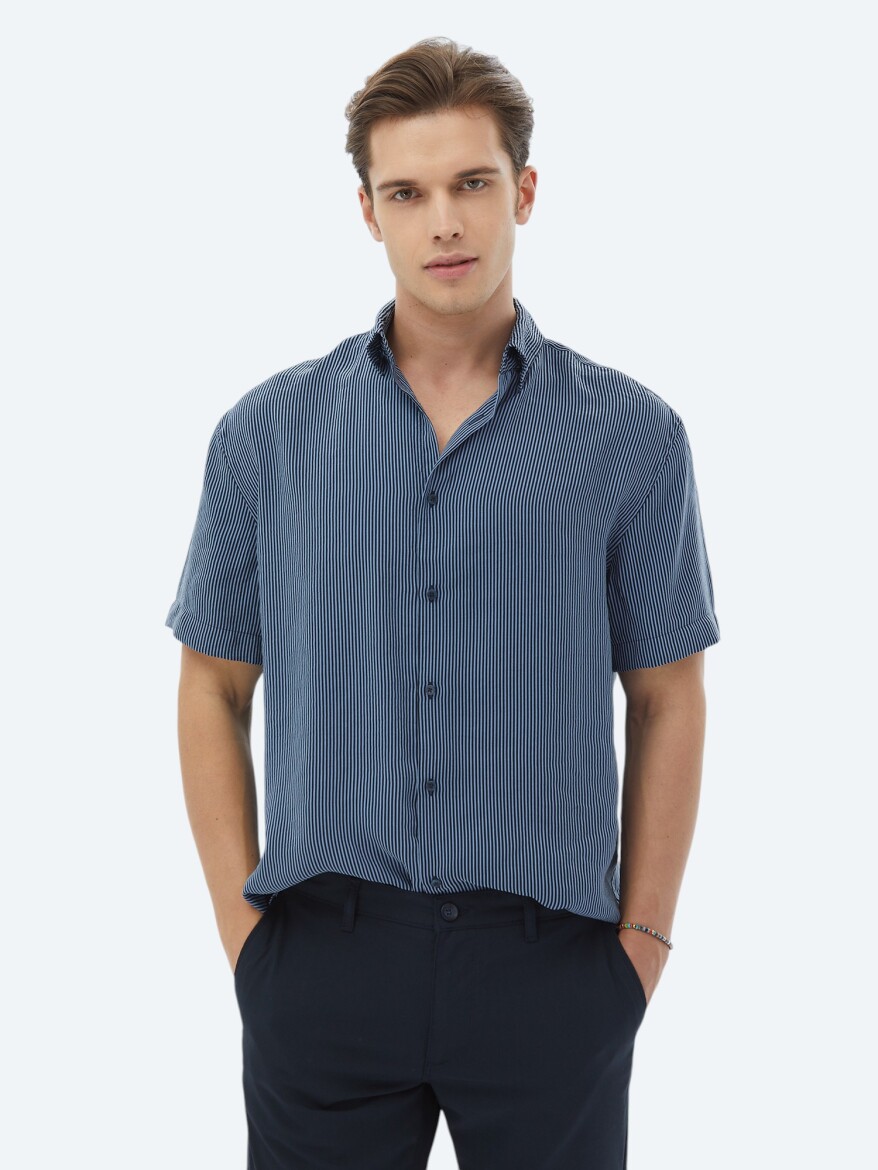 Dark Blue Striped Oversize Fit Weaving Casual Shirt - 1