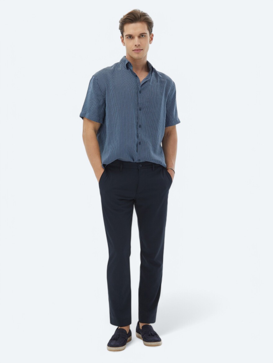 Dark Blue Striped Oversize Fit Weaving Casual Shirt - 5