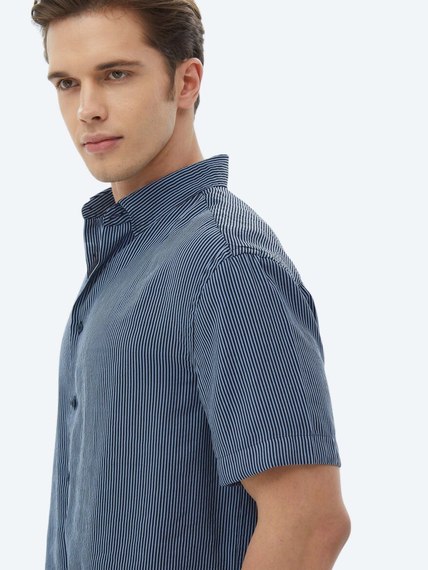 Dark Blue Striped Oversize Fit Weaving Casual Shirt - 6