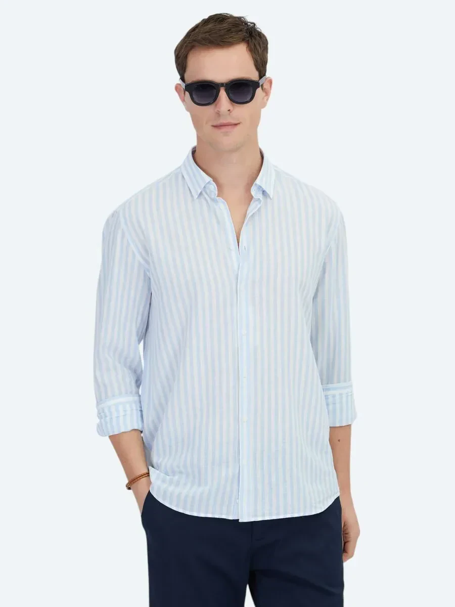Dark Blue Striped Regular Fit Weaving Casual Cotton Blended Shirt - 1
