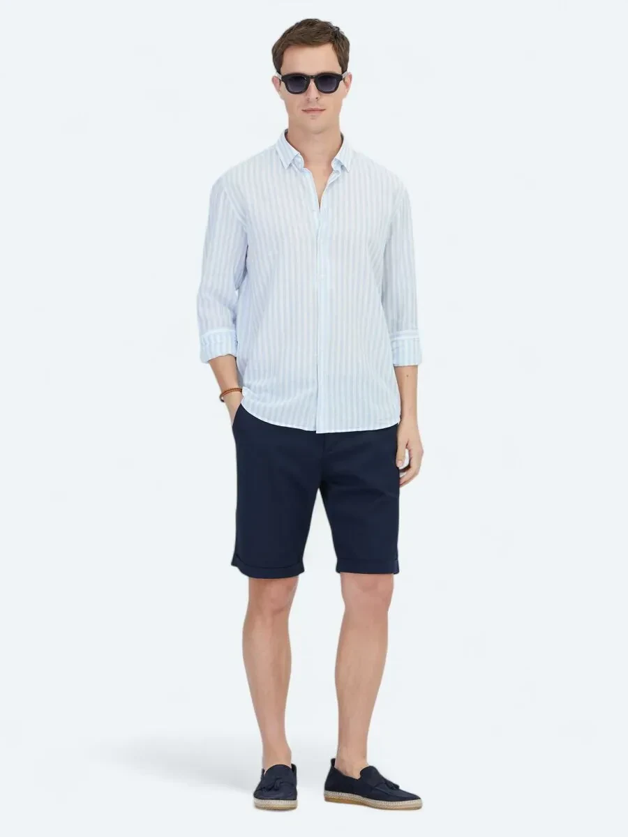 Dark Blue Striped Regular Fit Weaving Casual Cotton Blended Shirt - 2