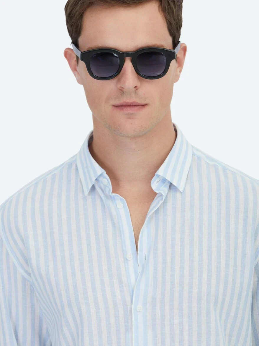 Dark Blue Striped Regular Fit Weaving Casual Cotton Blended Shirt - 3