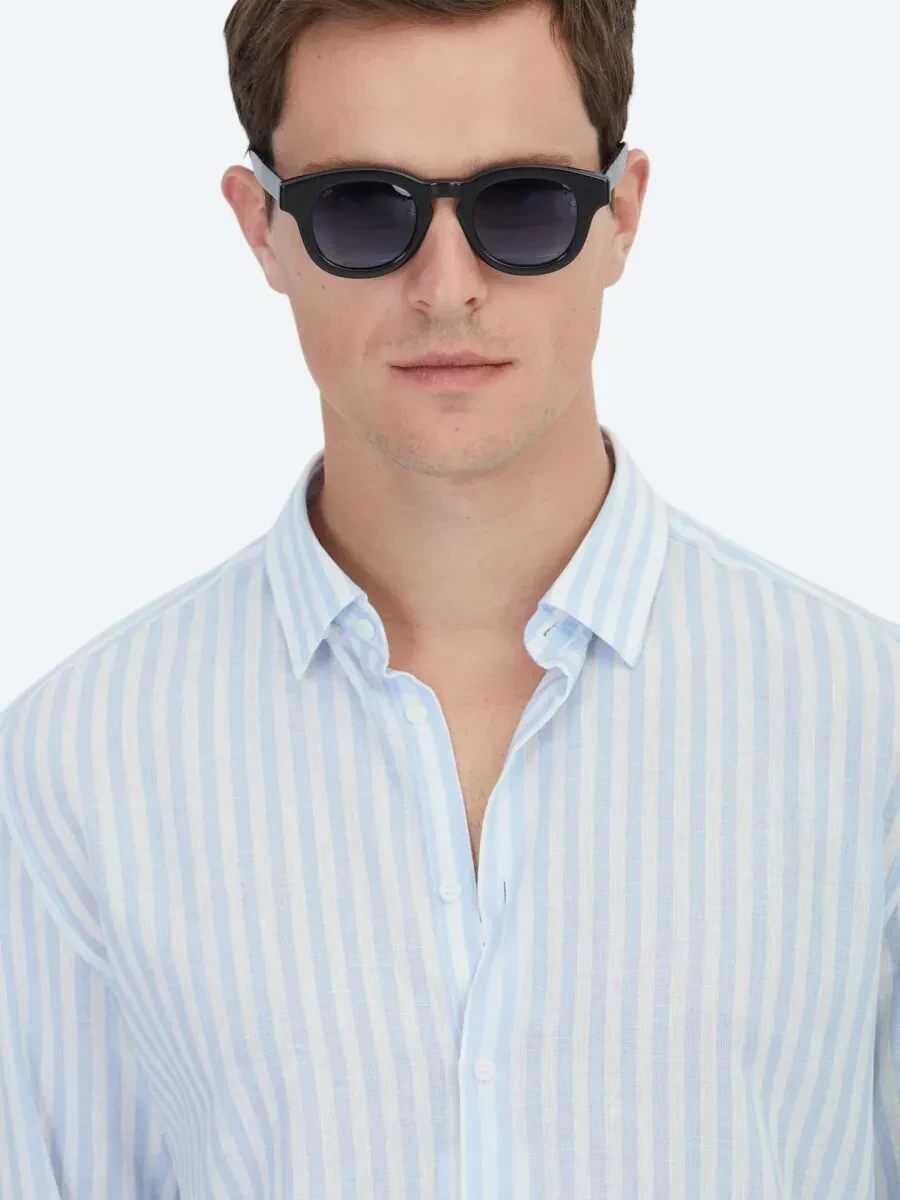 Dark Blue Striped Regular Fit Weaving Casual Cotton Blended Shirt - 3