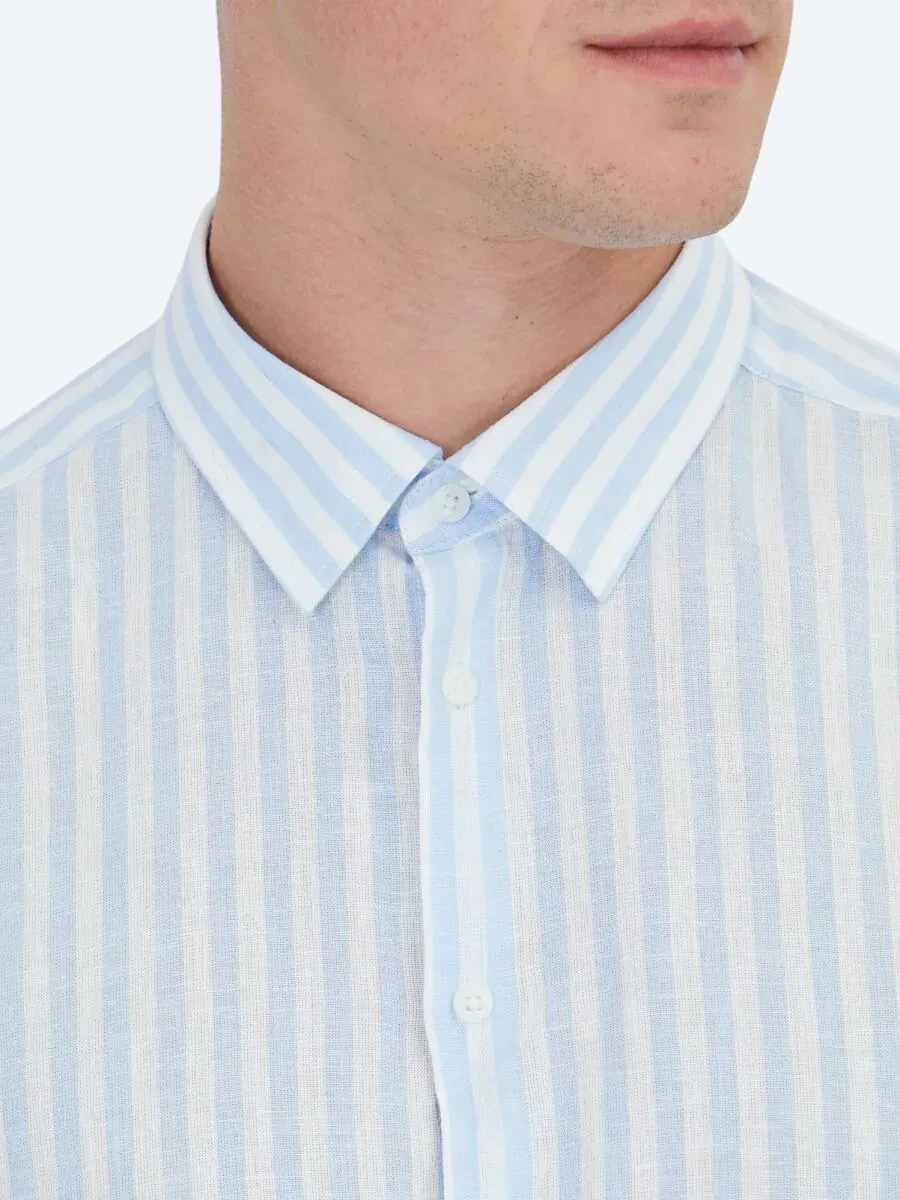 Dark Blue Striped Regular Fit Weaving Casual Cotton Blended Shirt - 4
