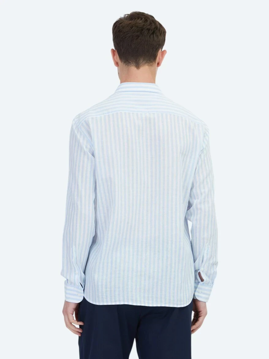Dark Blue Striped Regular Fit Weaving Casual Cotton Blended Shirt - 5