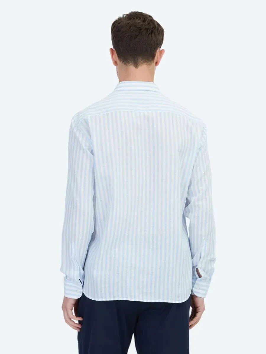 Dark Blue Striped Regular Fit Weaving Casual Cotton Blended Shirt - 5