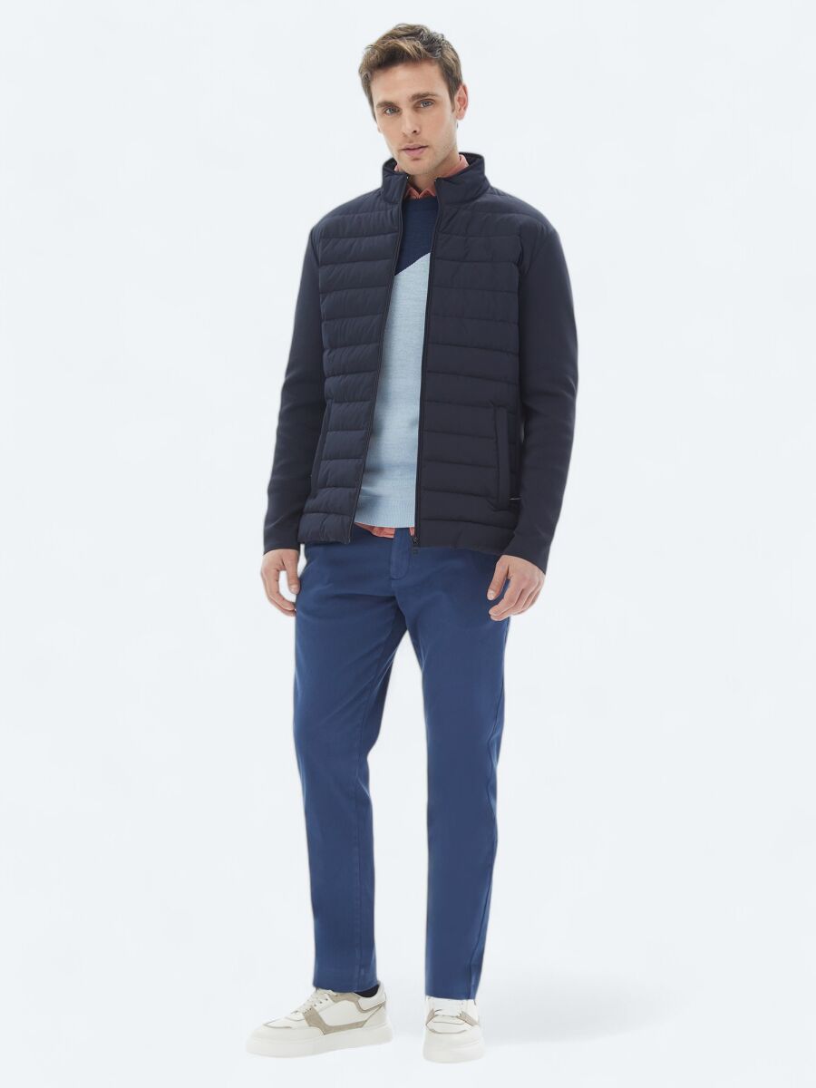 Dark Blue Weaving Regular Fit Casual Cotton Blended Trousers - 1