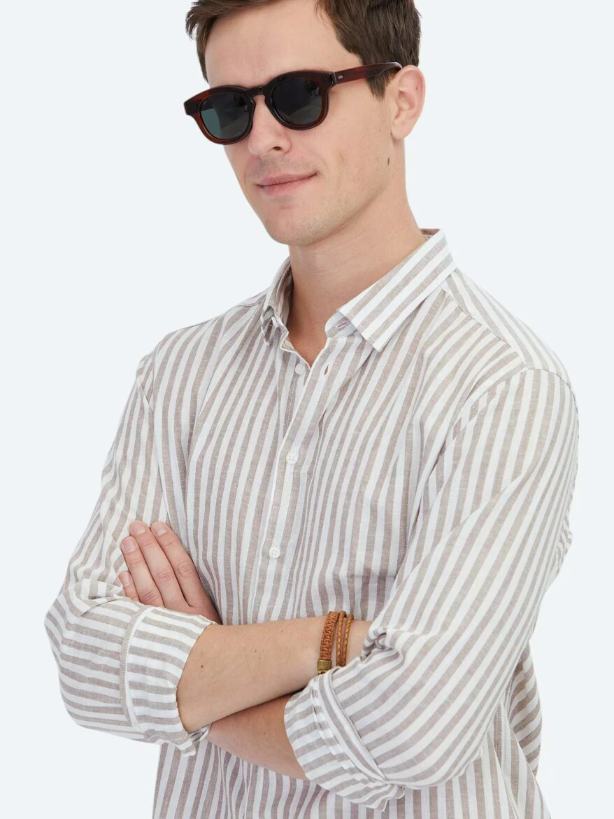 Dark Brown Striped Regular Fit Weaving Casual Cotton Blended Shirt 