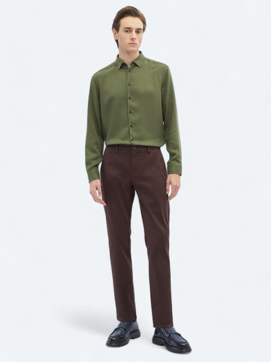 Dark Brown Weaving Regular Fit Casual Cotton Blended Trousers - 1