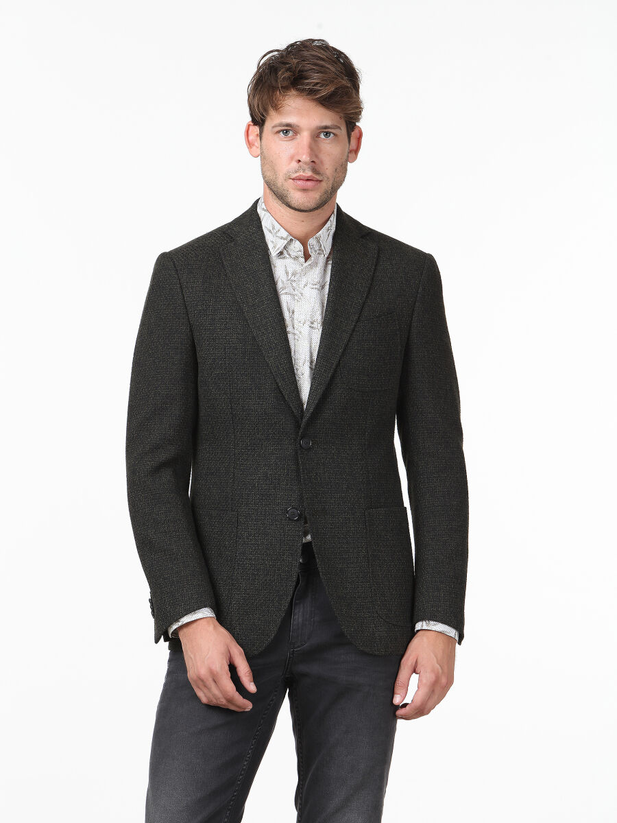 Dark Green Micro Modern Fit Cotton Blended Jacket - 1