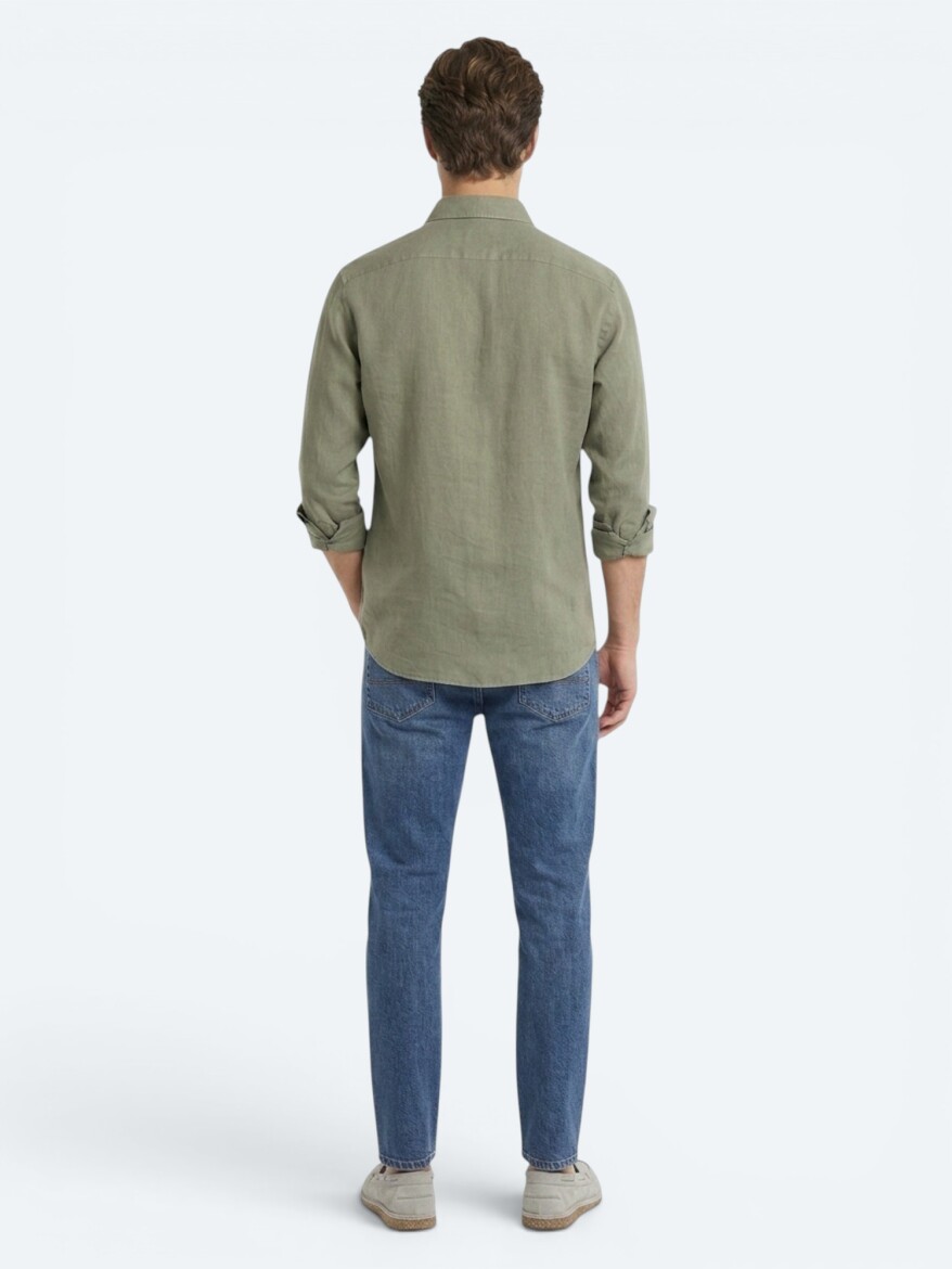 Dark Green Plain Regular Fit Long Weaving Casual Cotton Blended Shirt - 5