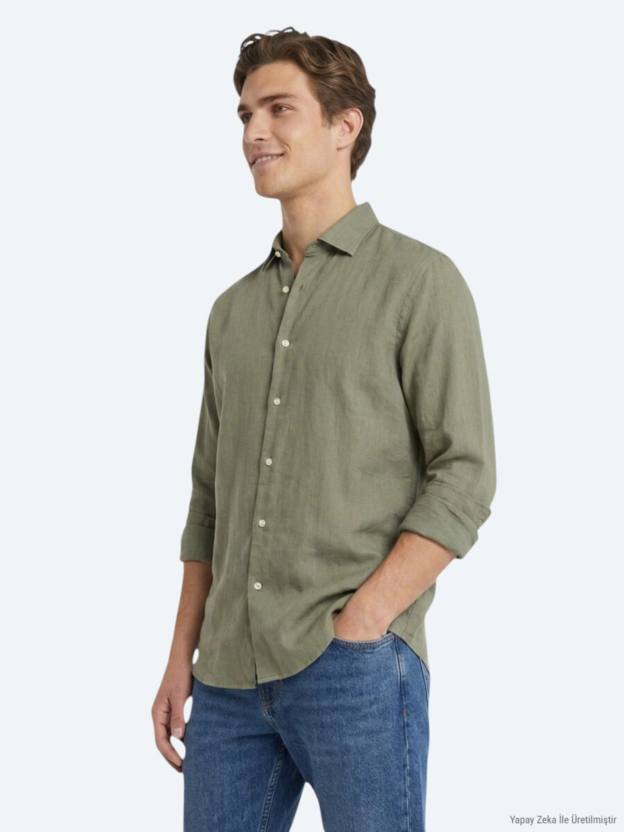 Dark Green Plain Regular Fit Long Weaving Casual Cotton Blended Shirt - 1
